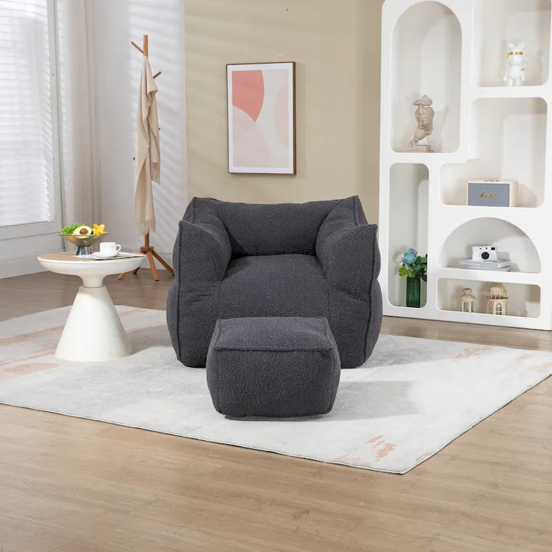 Boucle Deep Seat Armless Bean Bag Chair with Ottoman