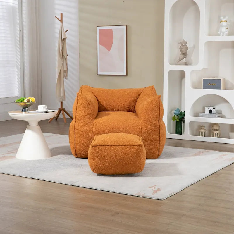 Boucle Deep Seat Armless Bean Bag Chair with Ottoman