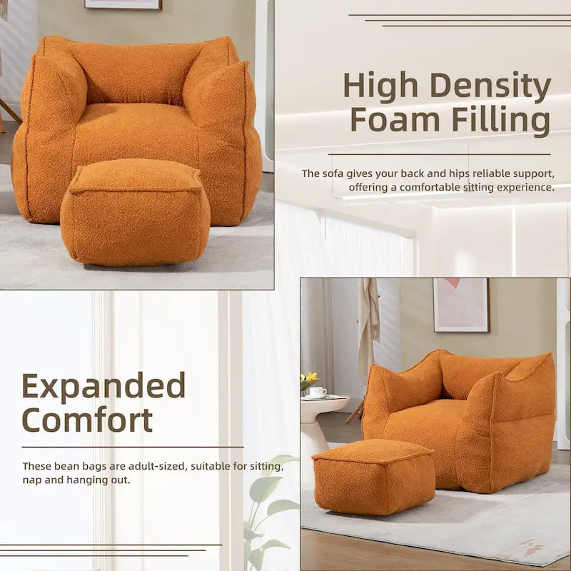 Boucle Deep Seat Armless Bean Bag Chair with Ottoman