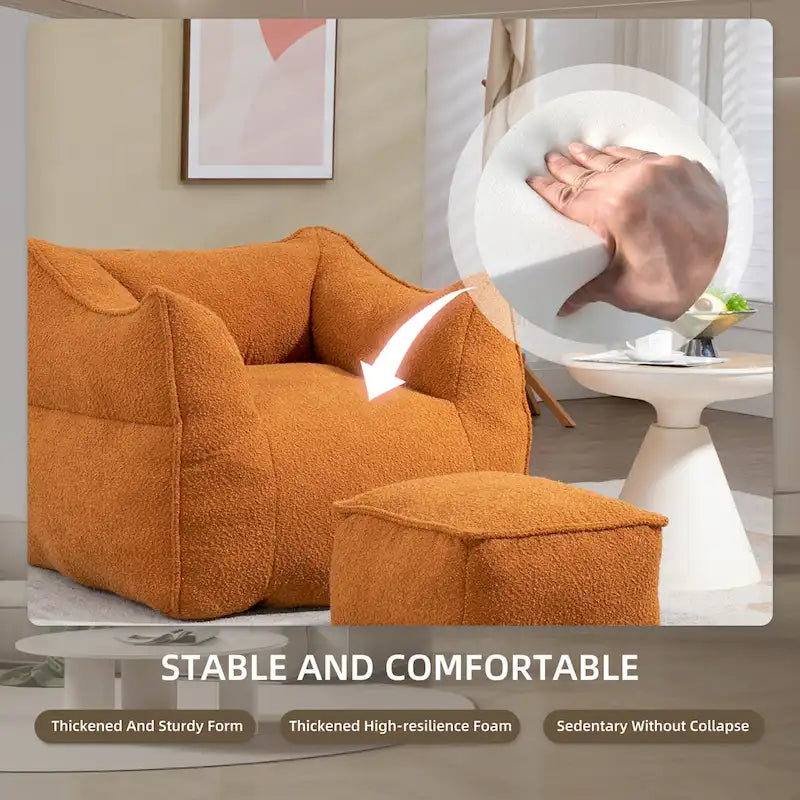 Boucle Deep Seat Armless Bean Bag Chair with Ottoman