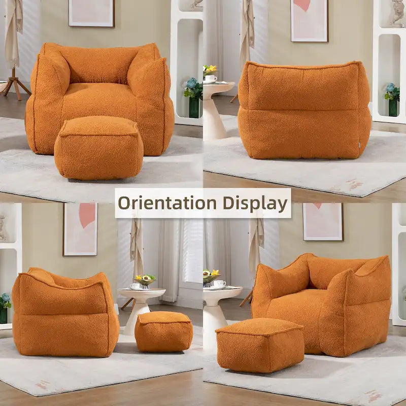 Boucle Deep Seat Armless Bean Bag Chair with Ottoman