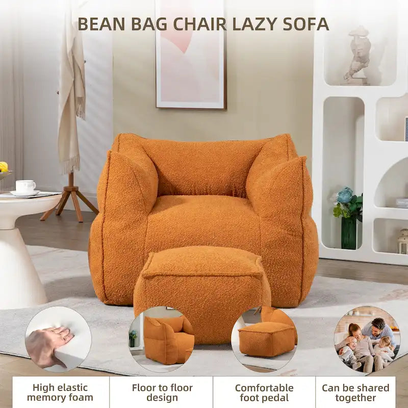 Boucle Deep Seat Armless Bean Bag Chair with Ottoman