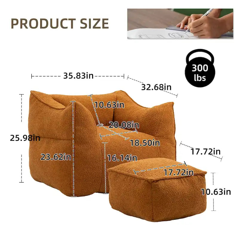 Boucle Deep Seat Armless Bean Bag Chair with Ottoman
