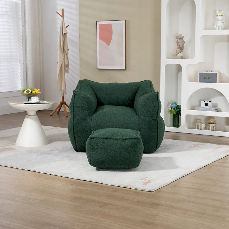 Boucle Deep Seat Armless Bean Bag Chair with Ottoman