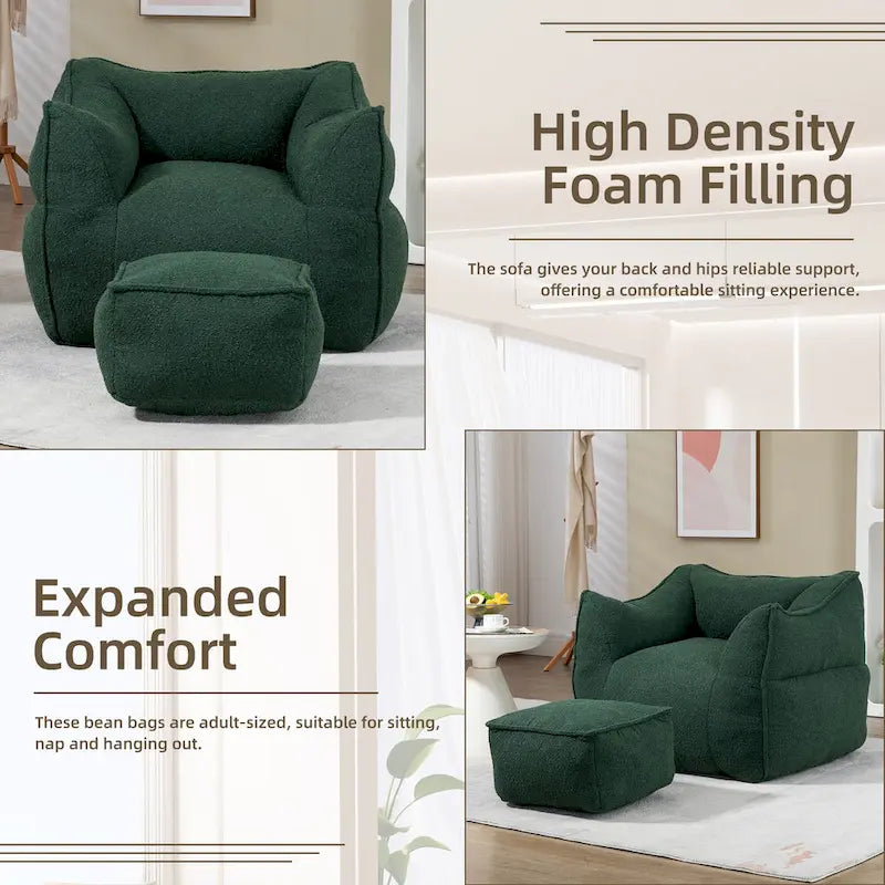 Boucle Deep Seat Armless Bean Bag Chair with Ottoman