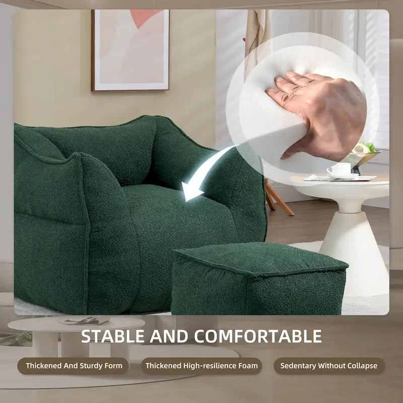 Boucle Deep Seat Armless Bean Bag Chair with Ottoman