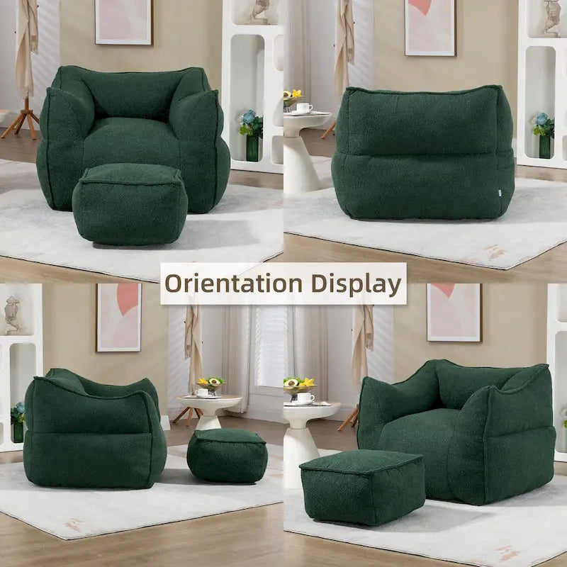 Boucle Deep Seat Armless Bean Bag Chair with Ottoman
