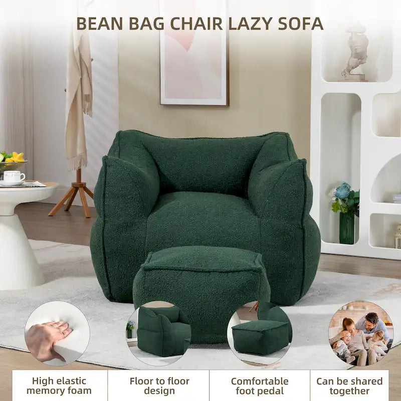 Boucle Deep Seat Armless Bean Bag Chair with Ottoman