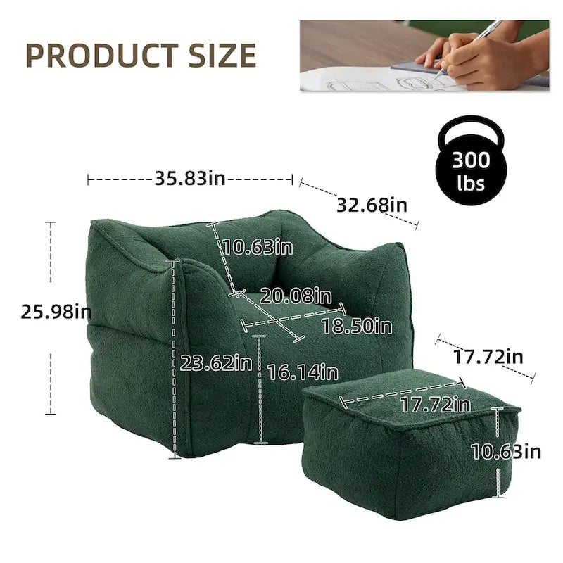 Boucle Deep Seat Armless Bean Bag Chair with Ottoman