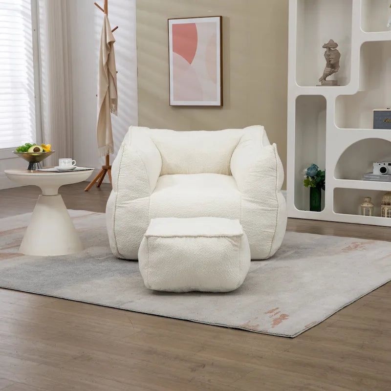 Boucle Deep Seat Armless Bean Bag Chair with Ottoman