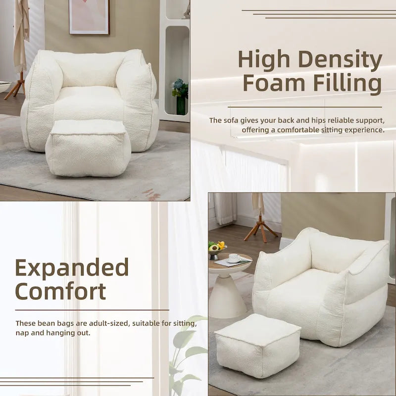 Boucle Deep Seat Armless Bean Bag Chair with Ottoman