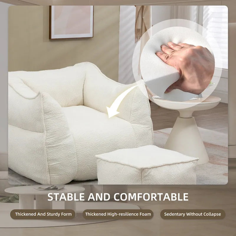 Boucle Deep Seat Armless Bean Bag Chair with Ottoman