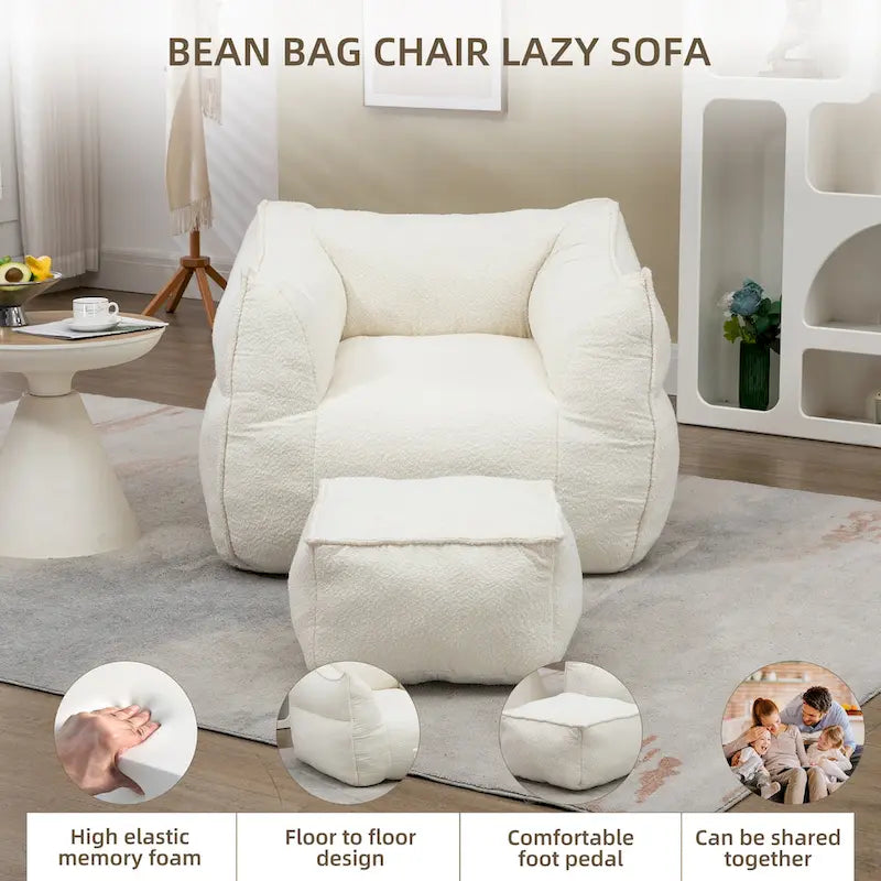 Boucle Deep Seat Armless Bean Bag Chair with Ottoman