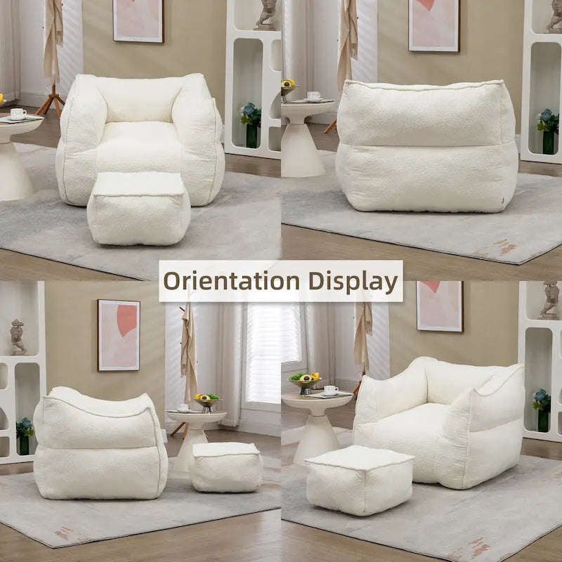 Boucle Deep Seat Armless Bean Bag Chair with Ottoman