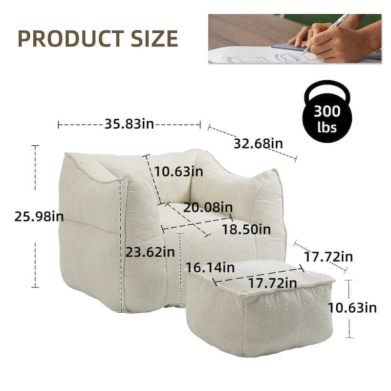 Boucle Deep Seat Armless Bean Bag Chair with Ottoman