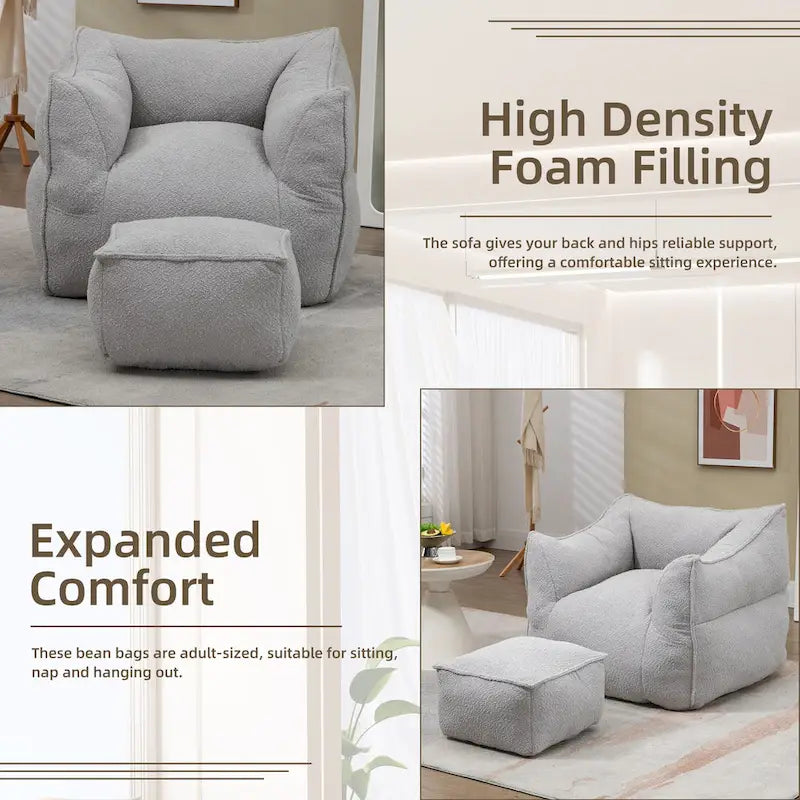 Boucle Deep Seat Armless Bean Bag Chair with Ottoman
