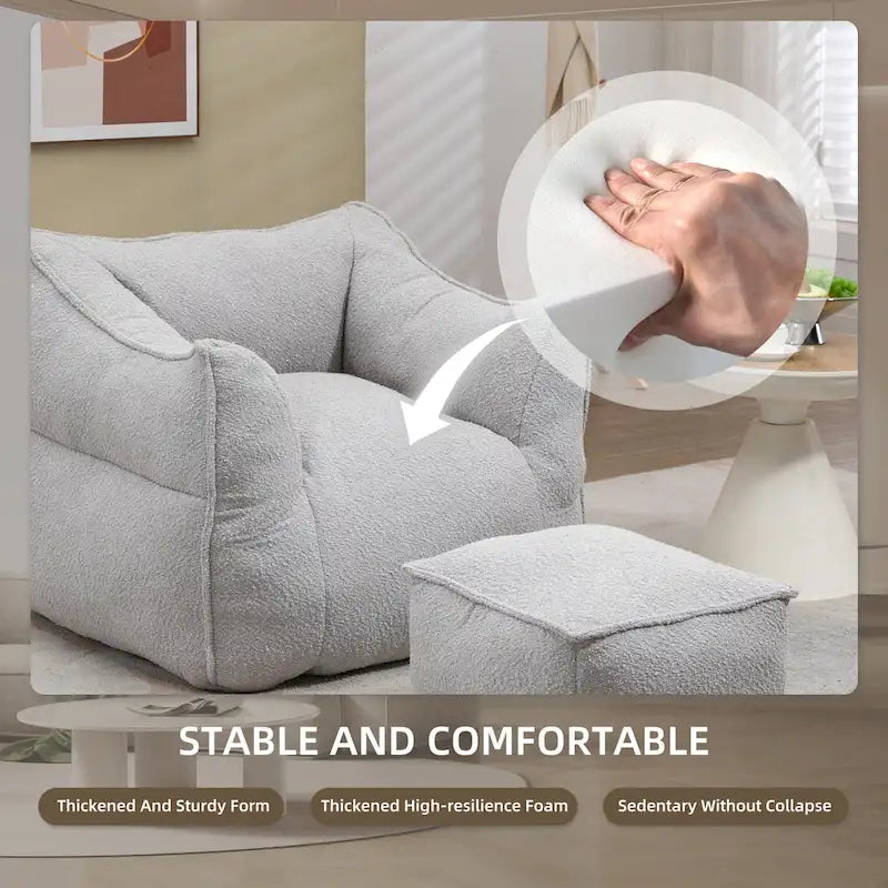Boucle Deep Seat Armless Bean Bag Chair with Ottoman