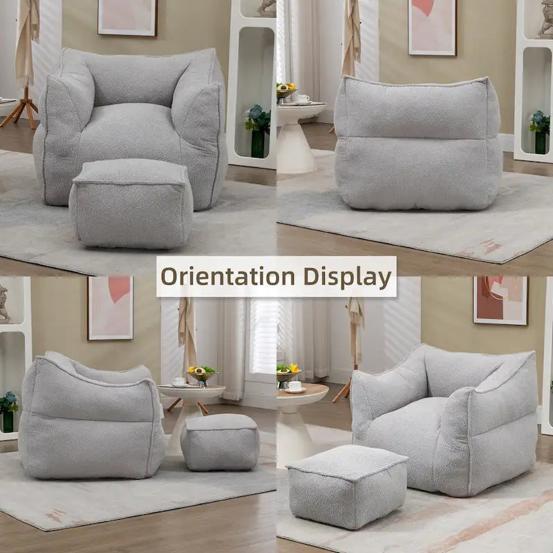 Boucle Deep Seat Armless Bean Bag Chair with Ottoman