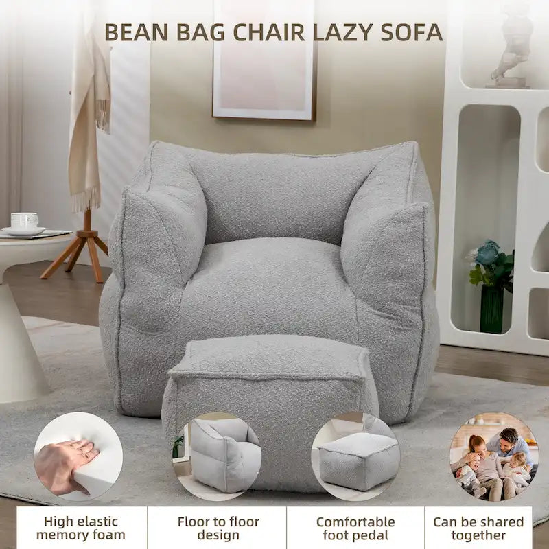 Boucle Deep Seat Armless Bean Bag Chair with Ottoman