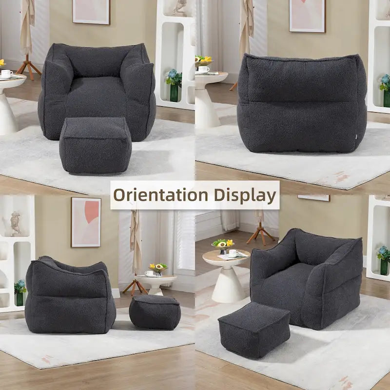 Boucle Deep Seat Armless Bean Bag Chair with Ottoman