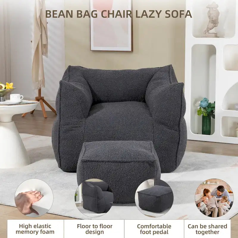 Boucle Deep Seat Armless Bean Bag Chair with Ottoman