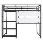 Full Size Loft Bed with Desk and Whiteboard, Metal Loft Bed with 3 Shelves and Ladder, Black