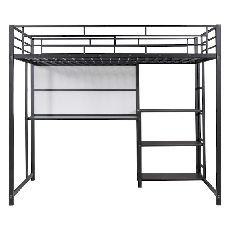 Full Size Metal Loft Bed with Desk, Whiteboard, 3 Shelves & Ladder | Black