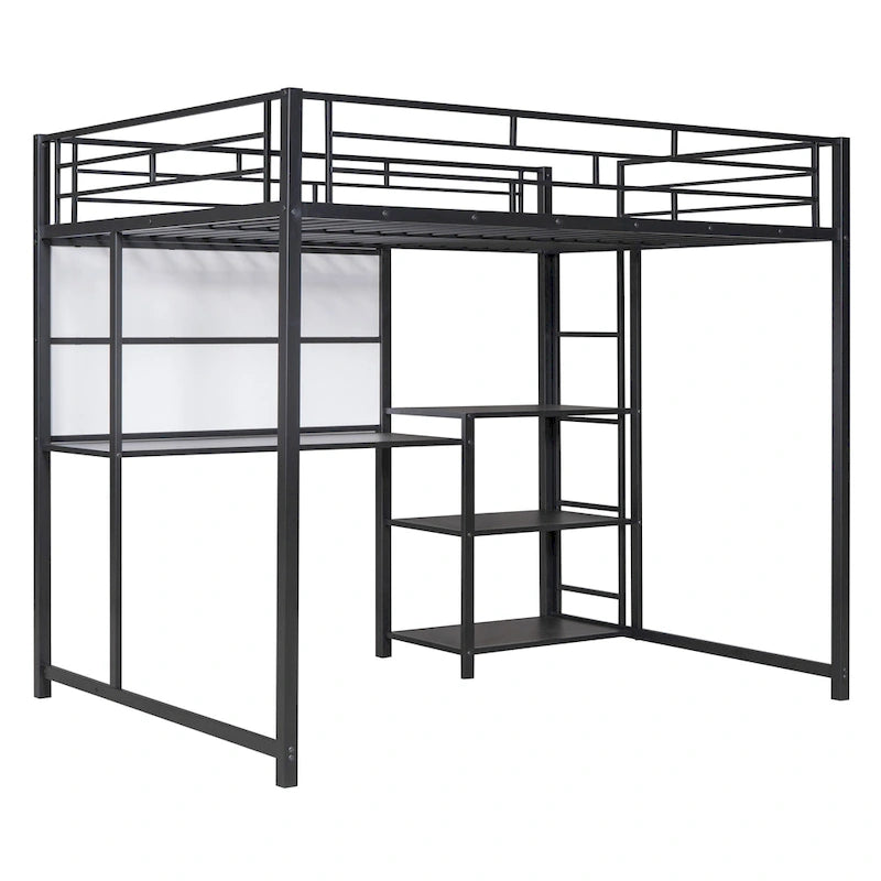 Full Size Metal Loft Bed with Desk, Whiteboard, 3 Shelves & Ladder | Black