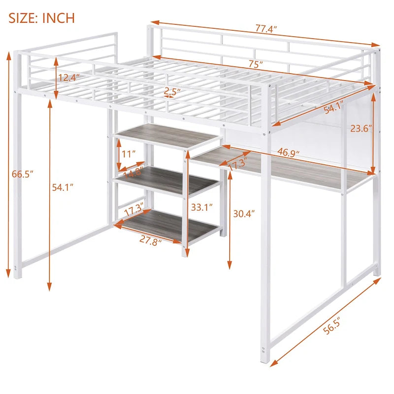 Full Size Metal Loft Bed with Desk, Whiteboard, 3 Shelves & Ladder | Black