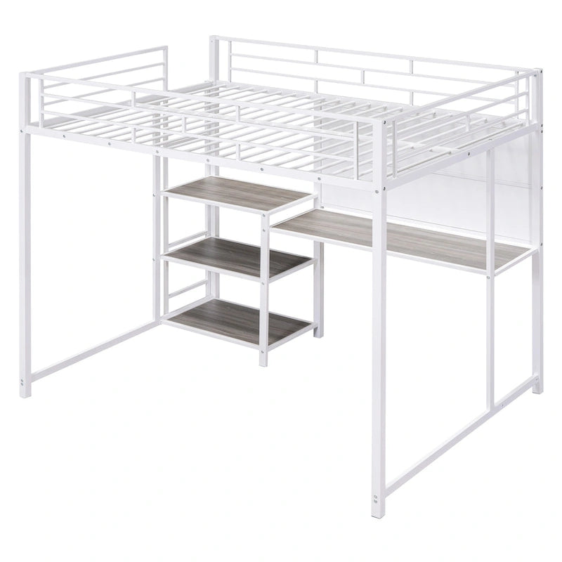 Full Size Metal Loft Bed with Desk, Whiteboard, 3 Shelves & Ladder | Black