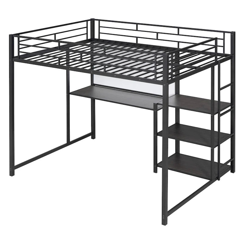 Full Size Metal Loft Bed with Desk, Whiteboard, 3 Shelves & Ladder | Black