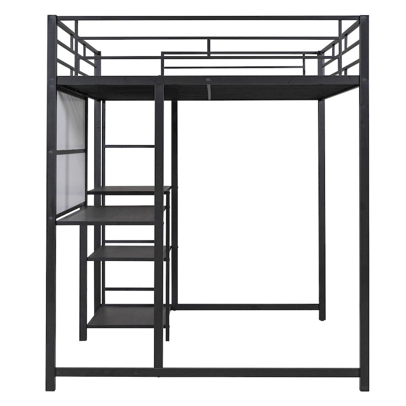 Full Size Metal Loft Bed with Desk, Whiteboard, 3 Shelves & Ladder | Black
