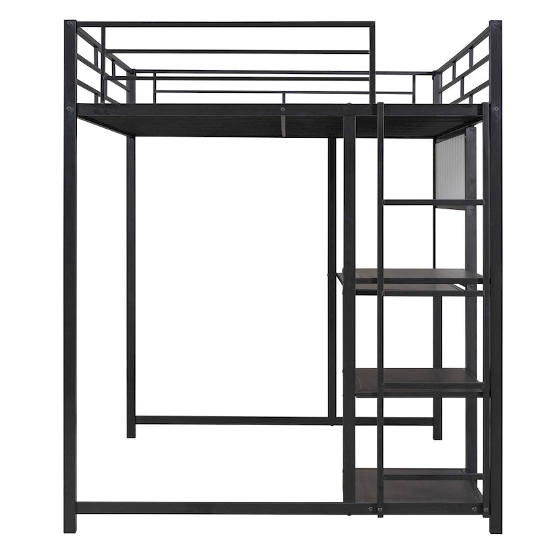 Full Size Metal Loft Bed with Desk, Whiteboard, 3 Shelves & Ladder | Black