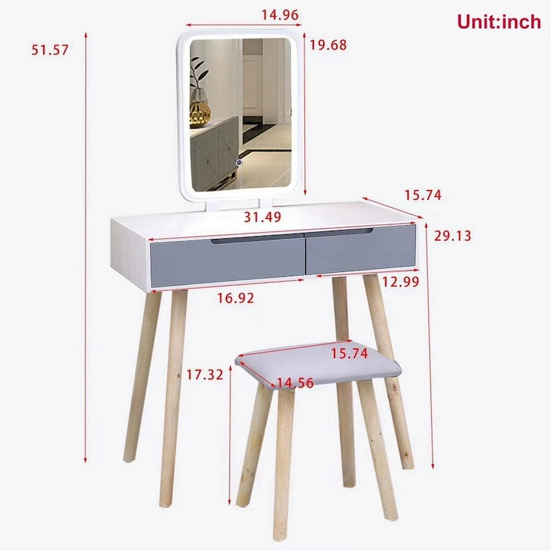 Modern Bedroom Vanity Table with LED Mirror & 2 Drawers