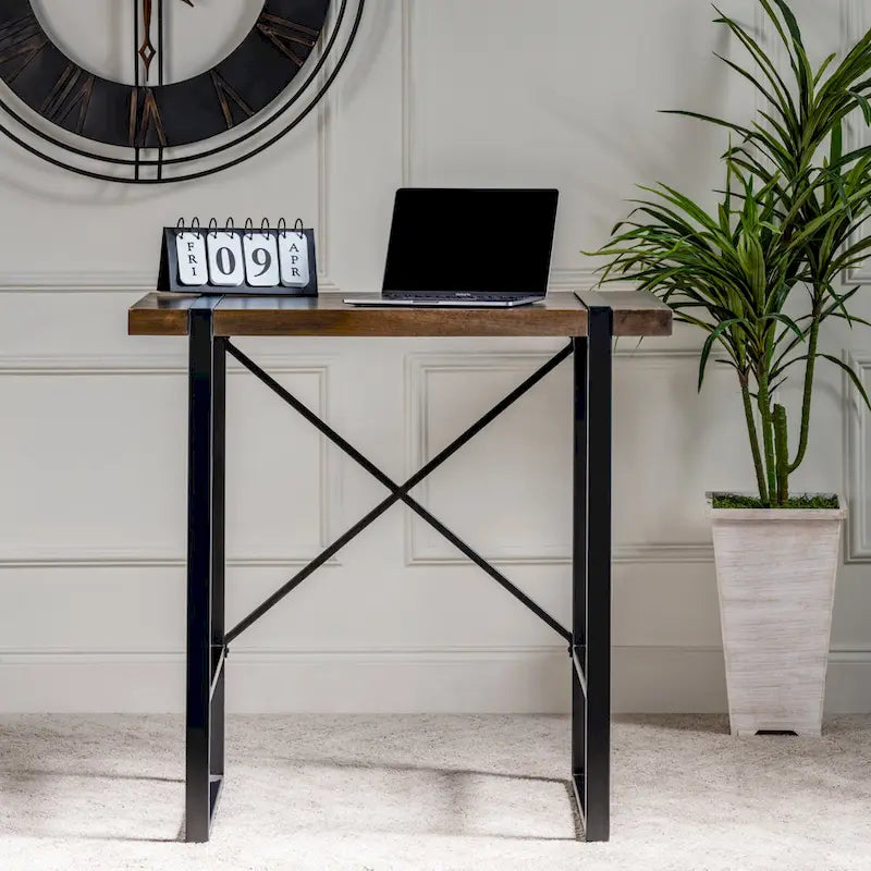 36" Mango Wood & Metal Standing Desk with Iron Cross Base