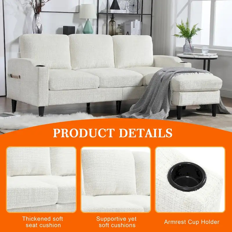 Canapé d'angle en tissu chenille pour salon avec pouf de rangement