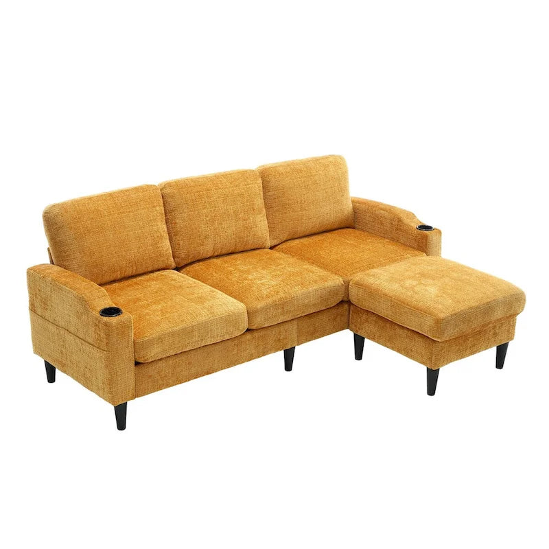 Canapé d'angle en tissu chenille pour salon avec pouf de rangement
