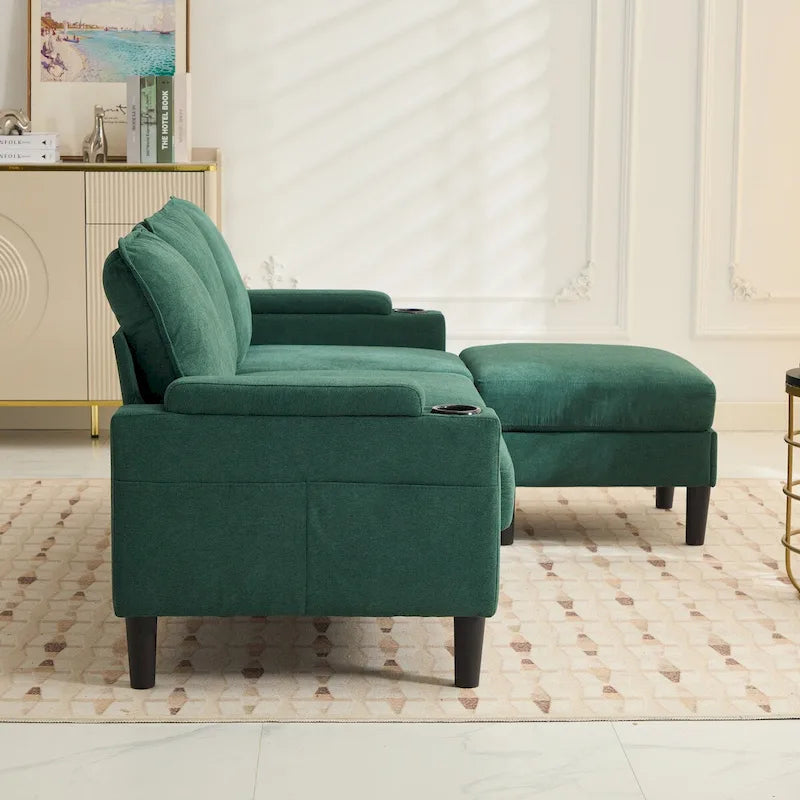 Green 6-Seater U-Shape Sectional Sofa | 3 Ottomans & Pillows Included
