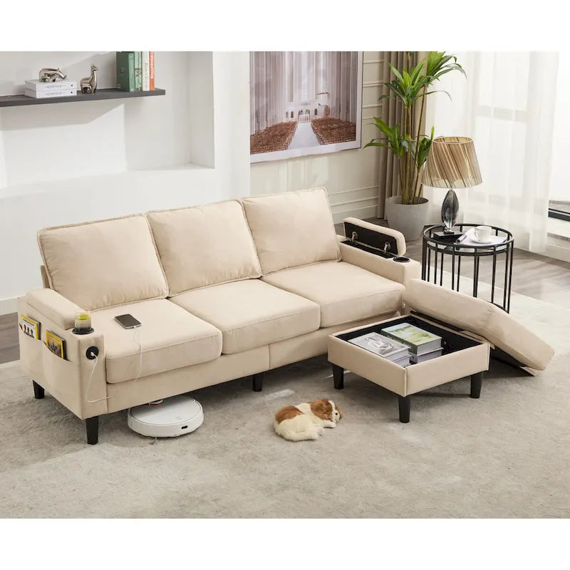 Green 6-Seater U-Shape Sectional Sofa | 3 Ottomans & Pillows Included