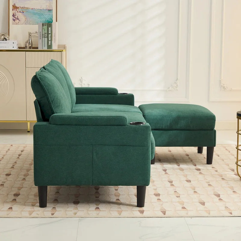 Green 6-Seater U-Shape Sectional Sofa | 3 Ottomans & Pillows Included