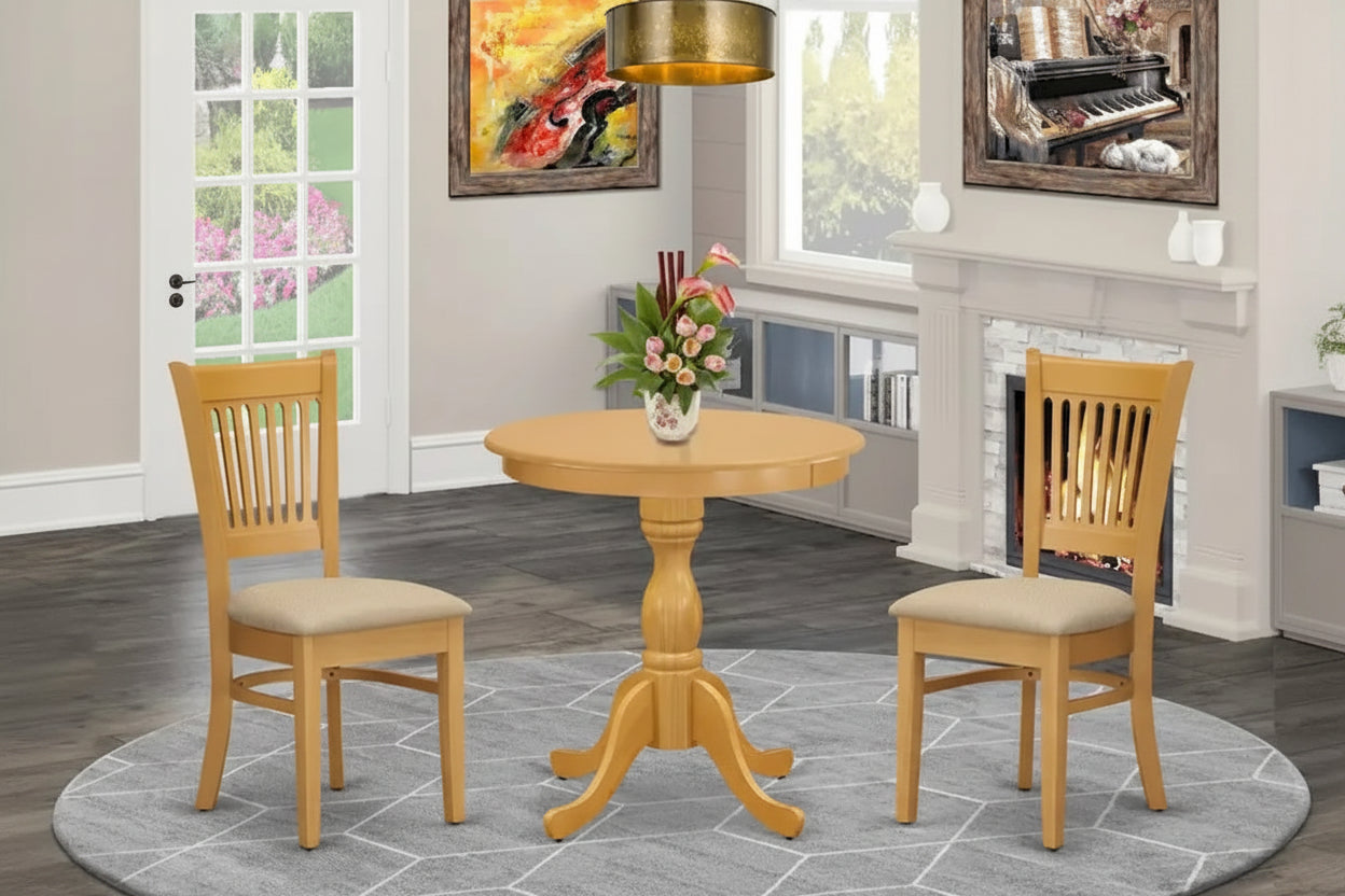 East West Furniture 3 Piece Dining Table Set Contains a Round Dining Room Table and 2 Kitchen Chairs, Oak (Seat Options)