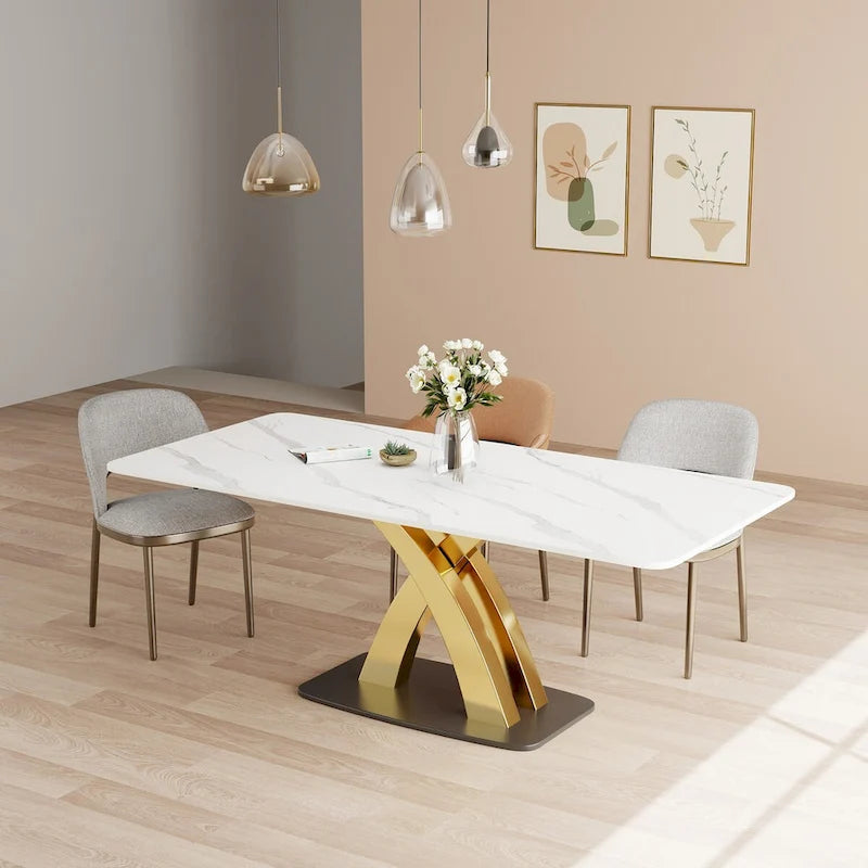 Table à manger rectangulaire moderne blanche, plateau en pierre frittée, pieds dorés en X