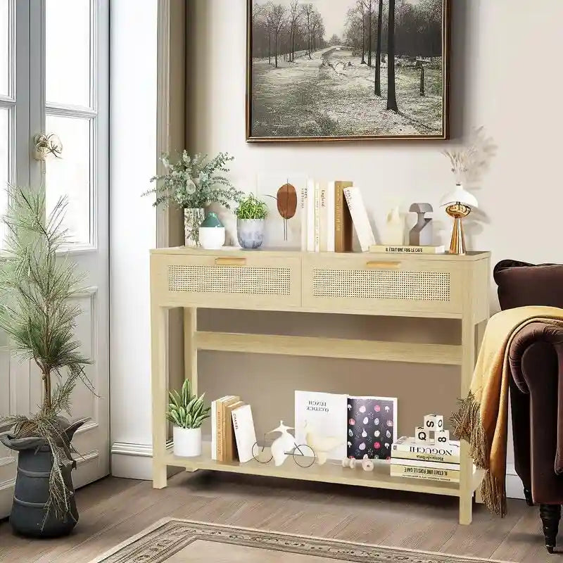 Industrial Entryway Console Table | Retro Grey Wood & Black Metal Frame