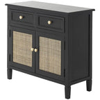 Black Wood Cabinet with 2 Drawers & 2 Rattan Doors | Gold Knobs