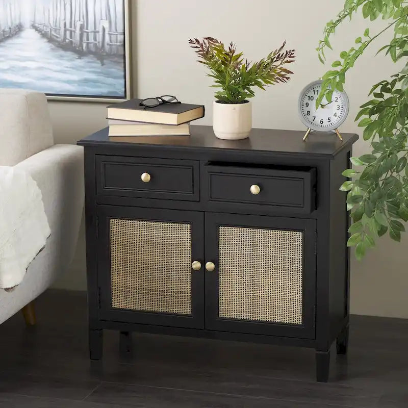 Black Wood Cabinet with 2 Drawers & 2 Rattan Doors | Gold Knobs
