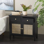 Black Wood Cabinet with 2 Drawers & 2 Rattan Doors | Gold Knobs