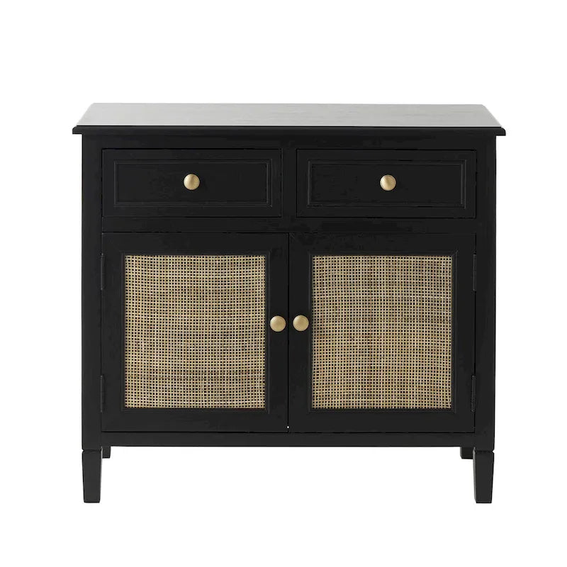 Black Wood Cabinet with 2 Drawers & 2 Rattan Doors | Gold Knobs
