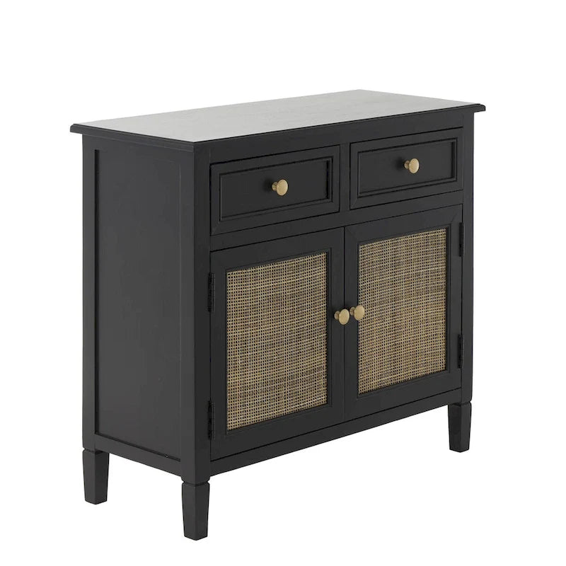 Black Wood Cabinet with 2 Drawers & 2 Rattan Doors | Gold Knobs
