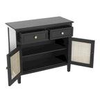 Black Wood Cabinet with 2 Drawers & 2 Rattan Doors | Gold Knobs