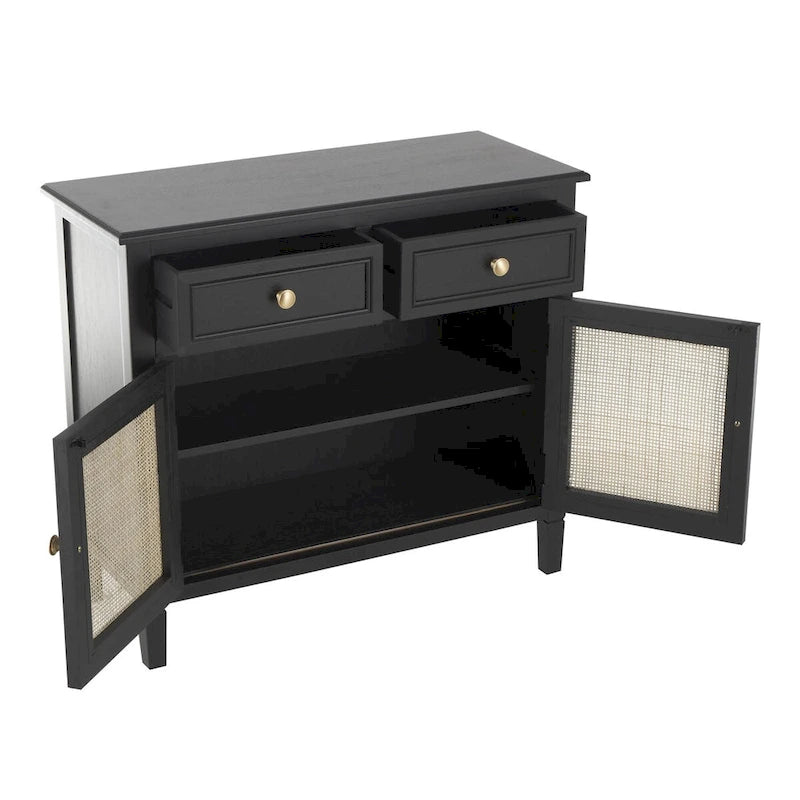 Black Wood Cabinet with 2 Drawers & 2 Rattan Doors | Gold Knobs